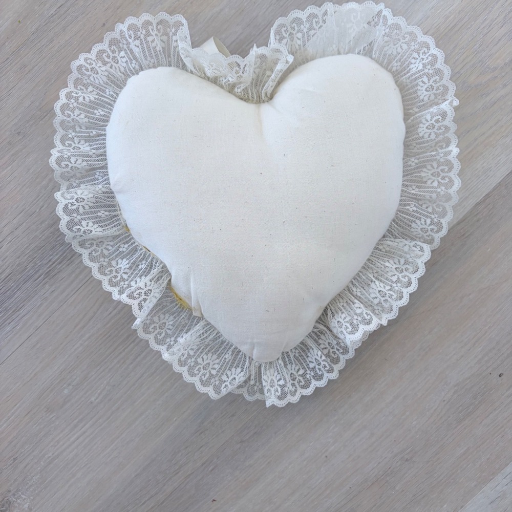 Vintage Heart Shaped Decorative Pillow Blue Floral Lace Trim Cream Ribbon Bow - Picture 2 of 6